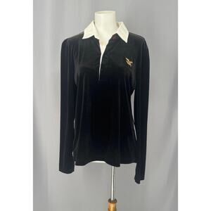 American Living Shirt Womens Large Black Velour Polo Long Sleeve White Collar